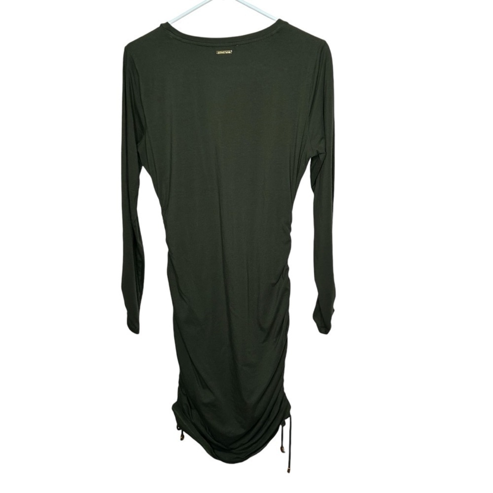 MICHAEL KORS Women Olive Green Stretch Cotton Large Ruched Bodycon T-Shirt Dress - Picture 4 of 4